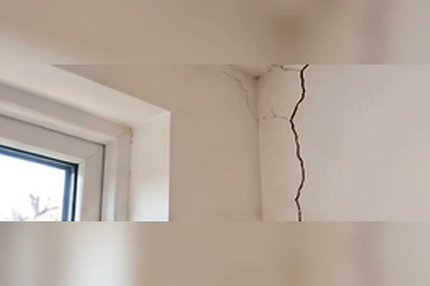cracks after building work next door - visible branching cracks in plaster beside a domestic window