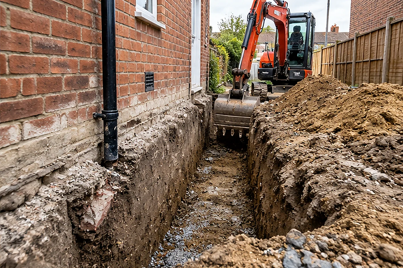 single storey extension foundations - excavated foundation trench beside a brick house and neighbouring garden