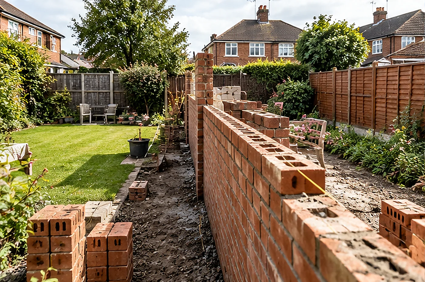building on boundary - masonry garden boundary wall under construction with adjacent houses visible