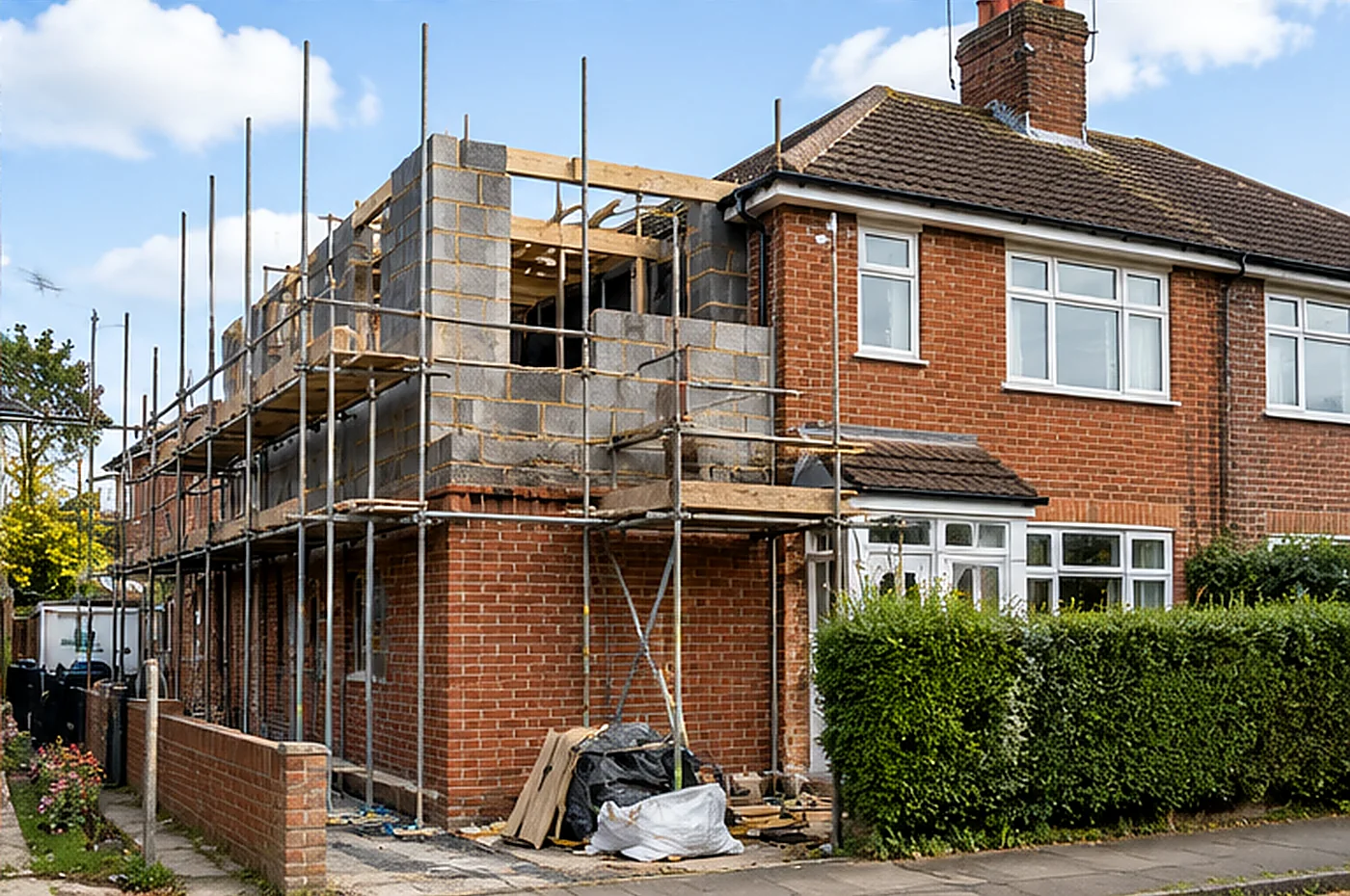 neighbour extension near my house - semi-detached house undergoing a brick extension with temporary scaffolding